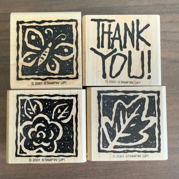 Set Of 4 Stampin’ Up! Thank You Blocks Rubber Stamps With Butterfly Leaf & Flora - Picture 3 of 7